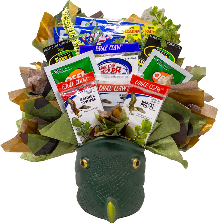 Sports and outdoors-themed handmade gift baskets and candy bouquets – perfect for athletes, hunters, and outdoor enthusiasts