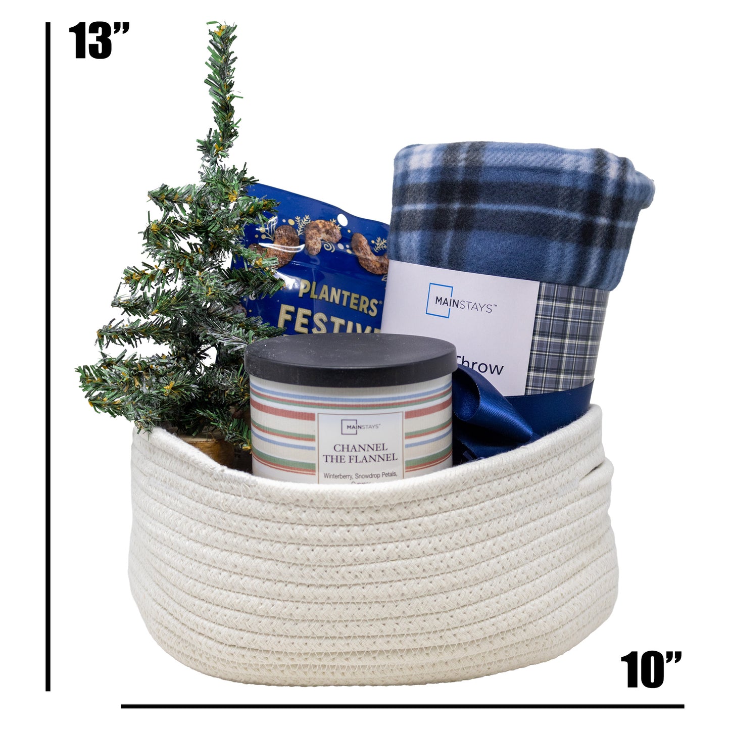At Home Cozy Gift Basket with Plaid Blanket, candle, and planters cashews snacks