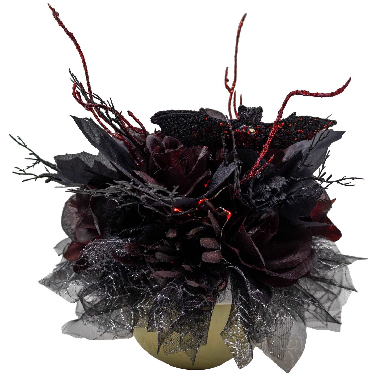 Boo-tiful Red and Black Halloween Skull Bouquet With Fairy Lights