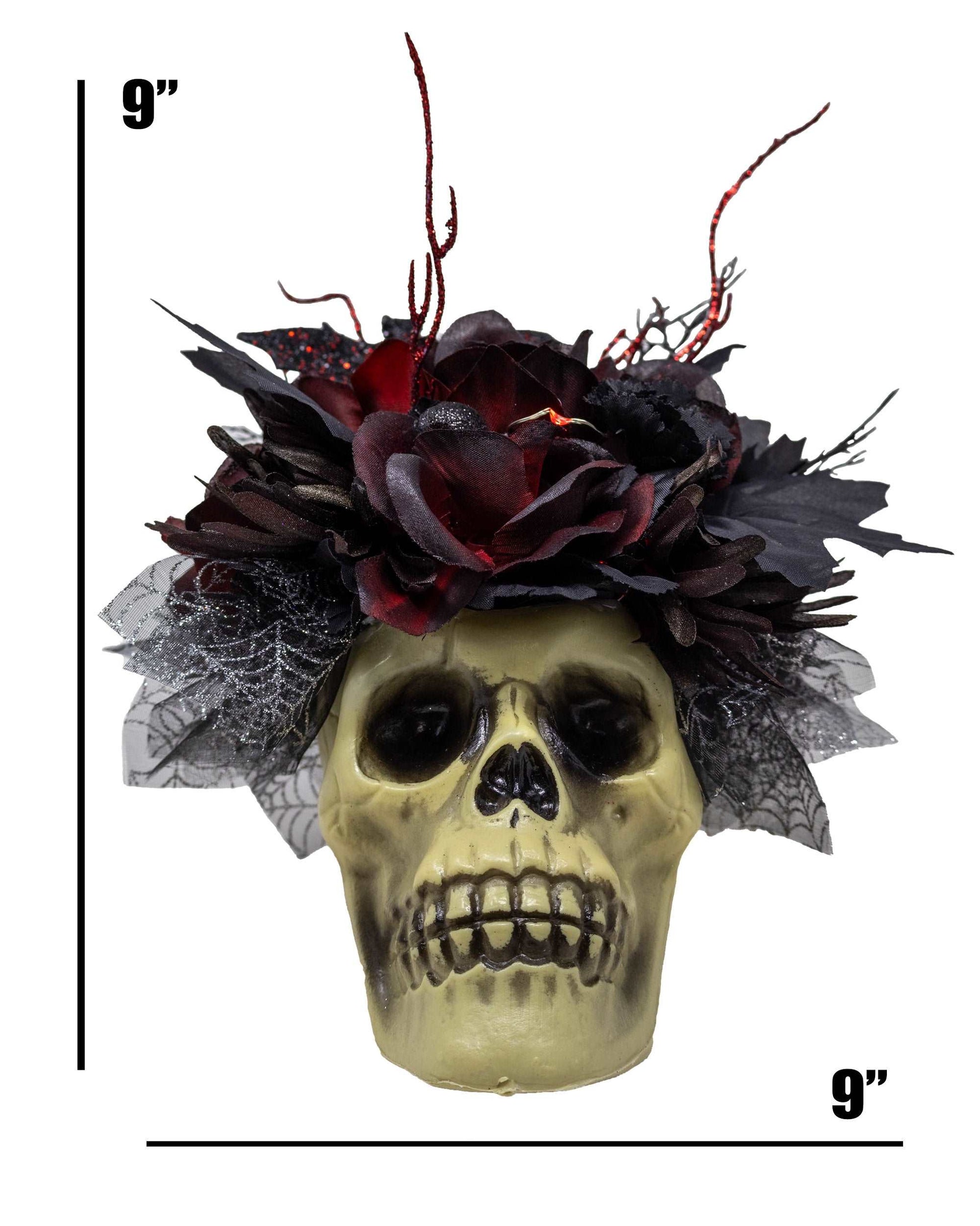 Boo-tiful Red and Black Halloween Skull Bouquet With Fairy Lights