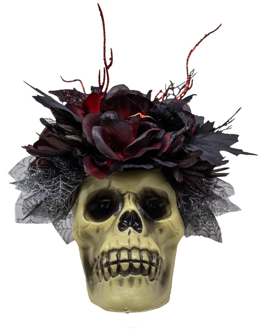 Boo-tiful Red and Black Halloween Skull Bouquet With Fairy Lights