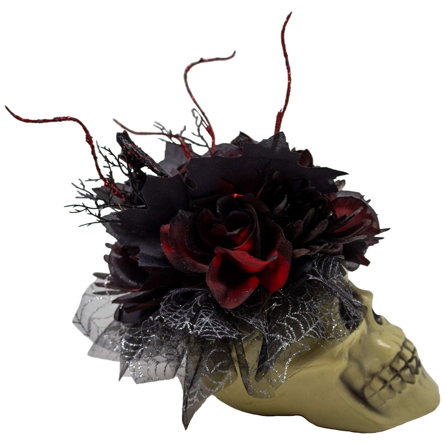 Boo-tiful Red and Black Halloween Skull Bouquet With Fairy Lights