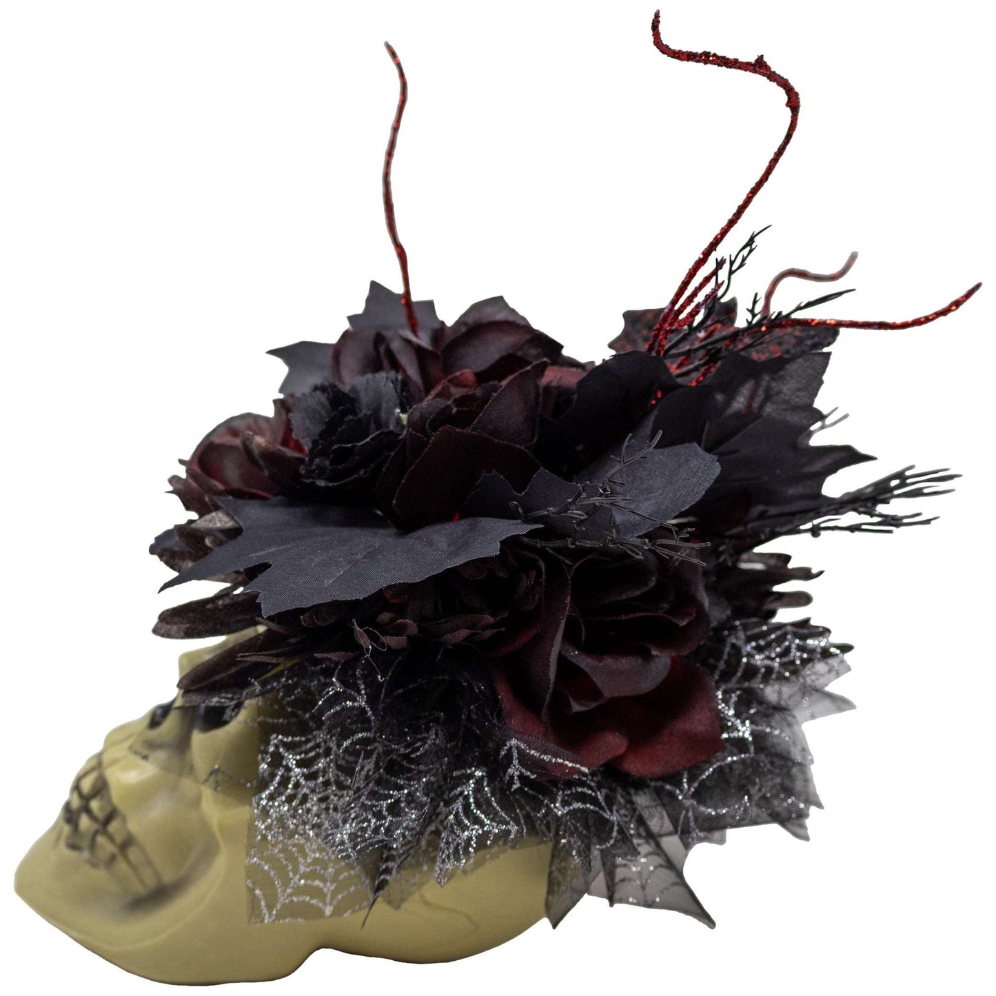 Boo-tiful Red and Black Halloween Skull Bouquet With Fairy Lights