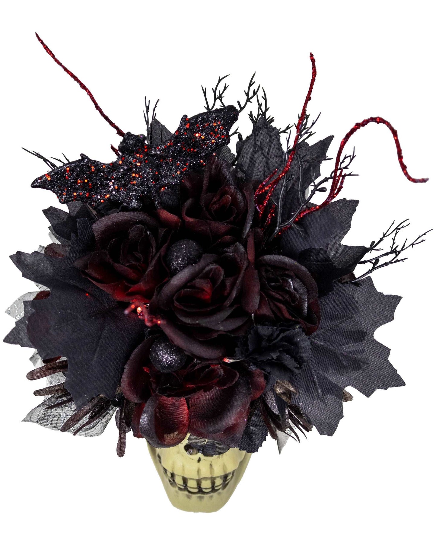 Boo-tiful Red and Black Halloween Skull Bouquet With Fairy Lights
