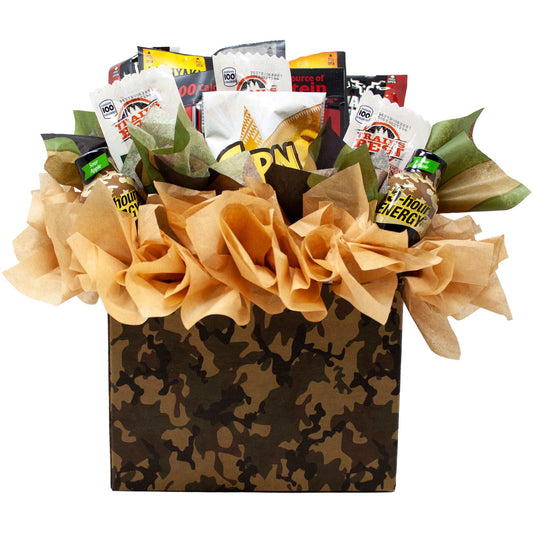 Fun Sportsman Gift with assorted Jerky, Nuts and Energy Shots Arranged in a Camo Gift Box