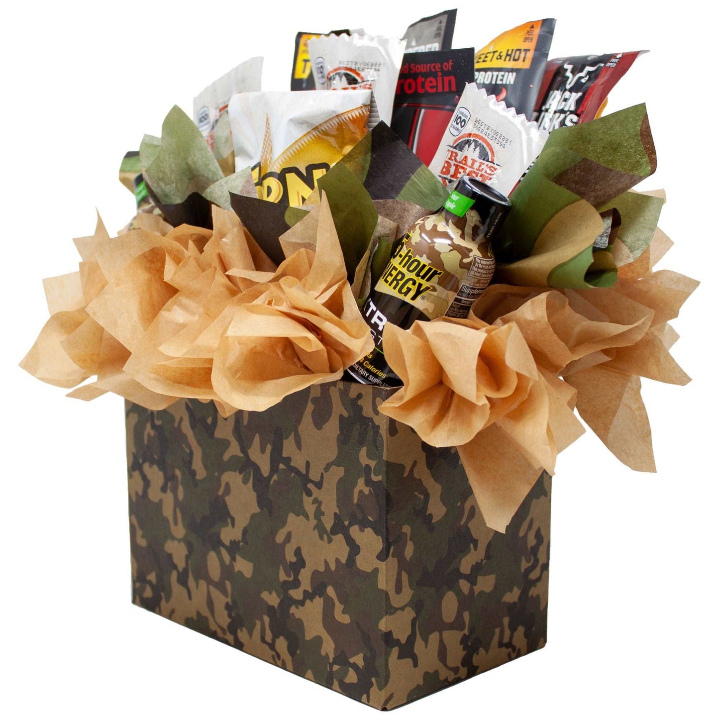 Fun Sportsman Gift with assorted Jerky, Nuts and Energy Shots Arranged in a Camo Gift Box