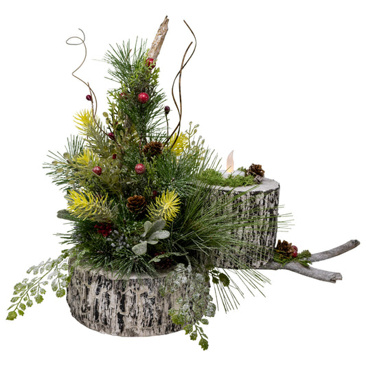 Christmas Centerpiece - Winter Birch Evergreen Foliage Centerpiece with Flameless Tea Light Candle