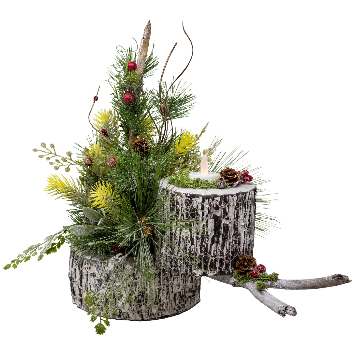 Winter Birch Evergreen Foliage Centerpiece with Flameless Tea Light Candle