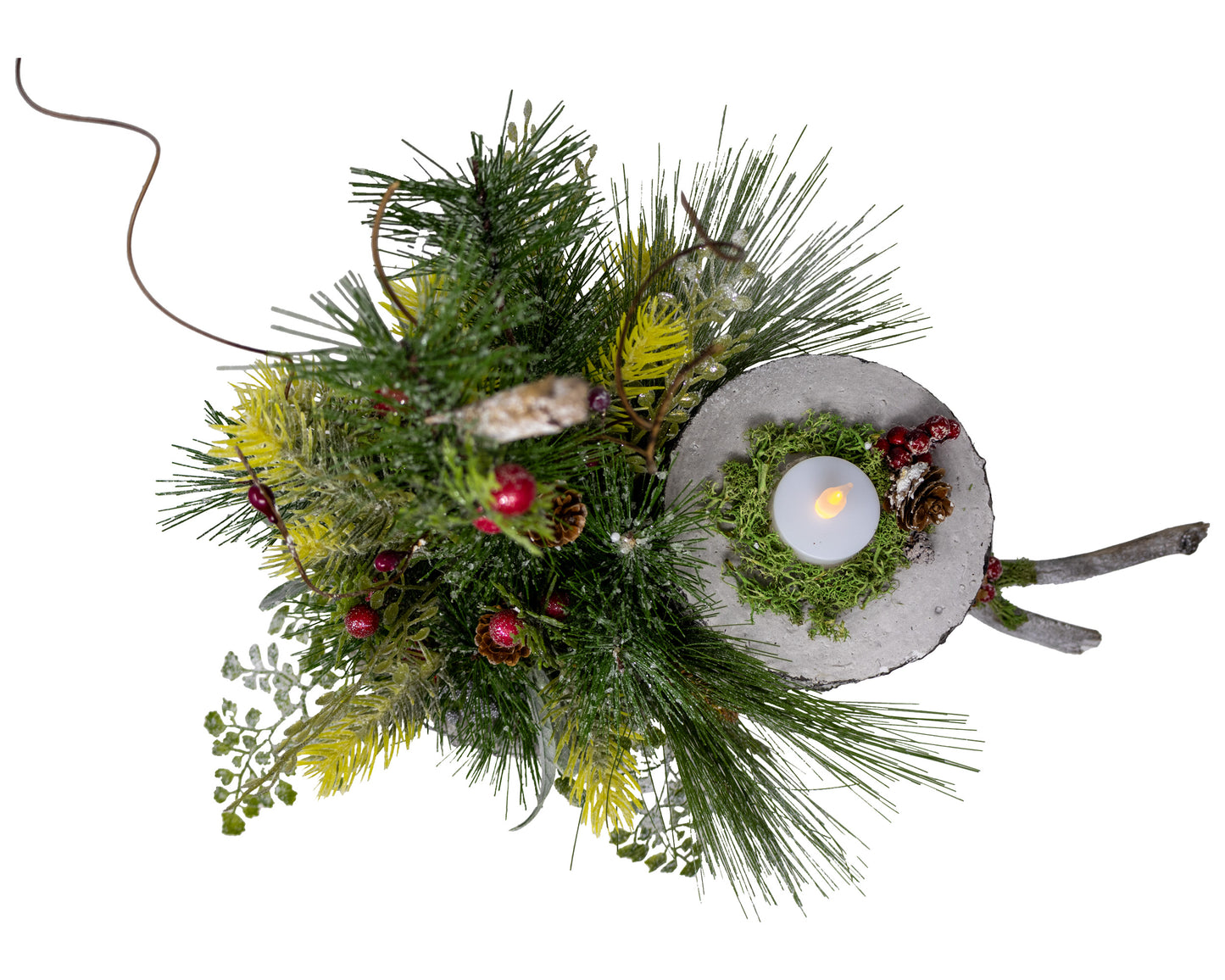 Winter Birch Evergreen Foliage Centerpiece with Flameless Tea Light Candle