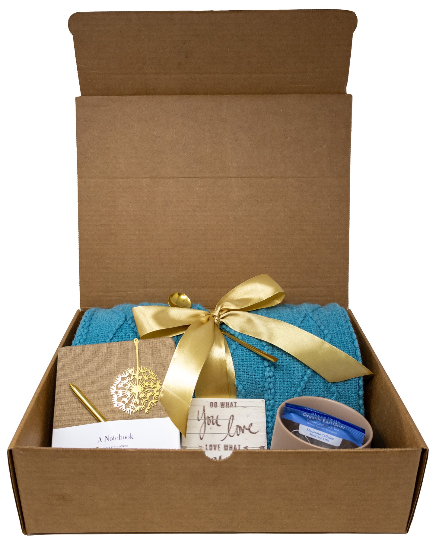 Cozy Blanket & Tea Gift Set Box with Teal and Brown Theme