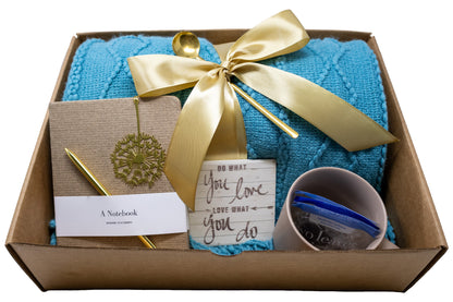 Cozy Blanket & Tea Gift Set Box with Teal and Brown Theme