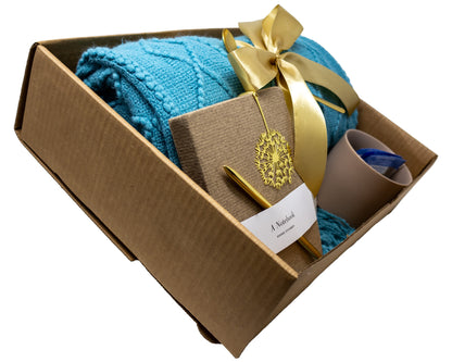 Cozy Blanket & Tea Gift Set Box with Teal and Brown Theme