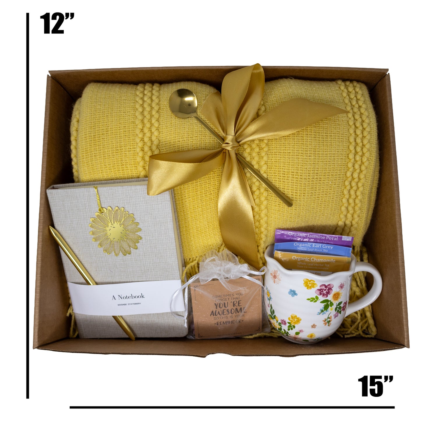 Cozy Gift Box With Yellow Knitted Blanket, Mug, Tea, Journal and Pen Set