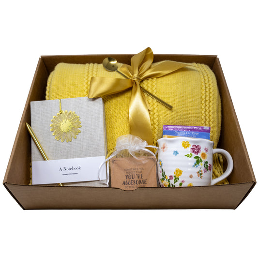Cozy Gift Box With Yellow Knitted Blanket, Mug, Tea, Journal and Pen Set