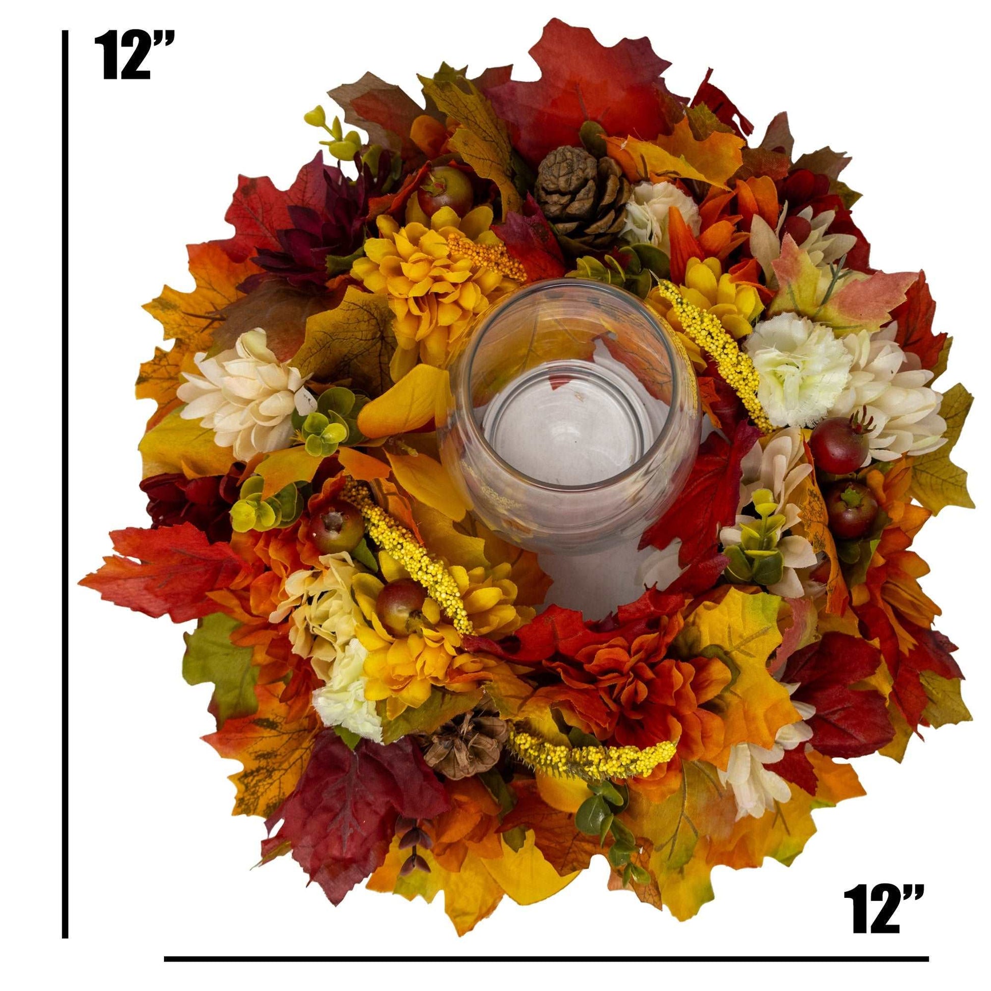 Fall Floral Round Centerpiece Wreath With Hurricane Glass Candle Holder
