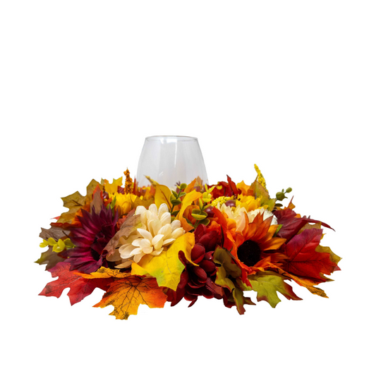 Fall Floral Round Centerpiece Wreath With Hurricane Glass Candle Holder