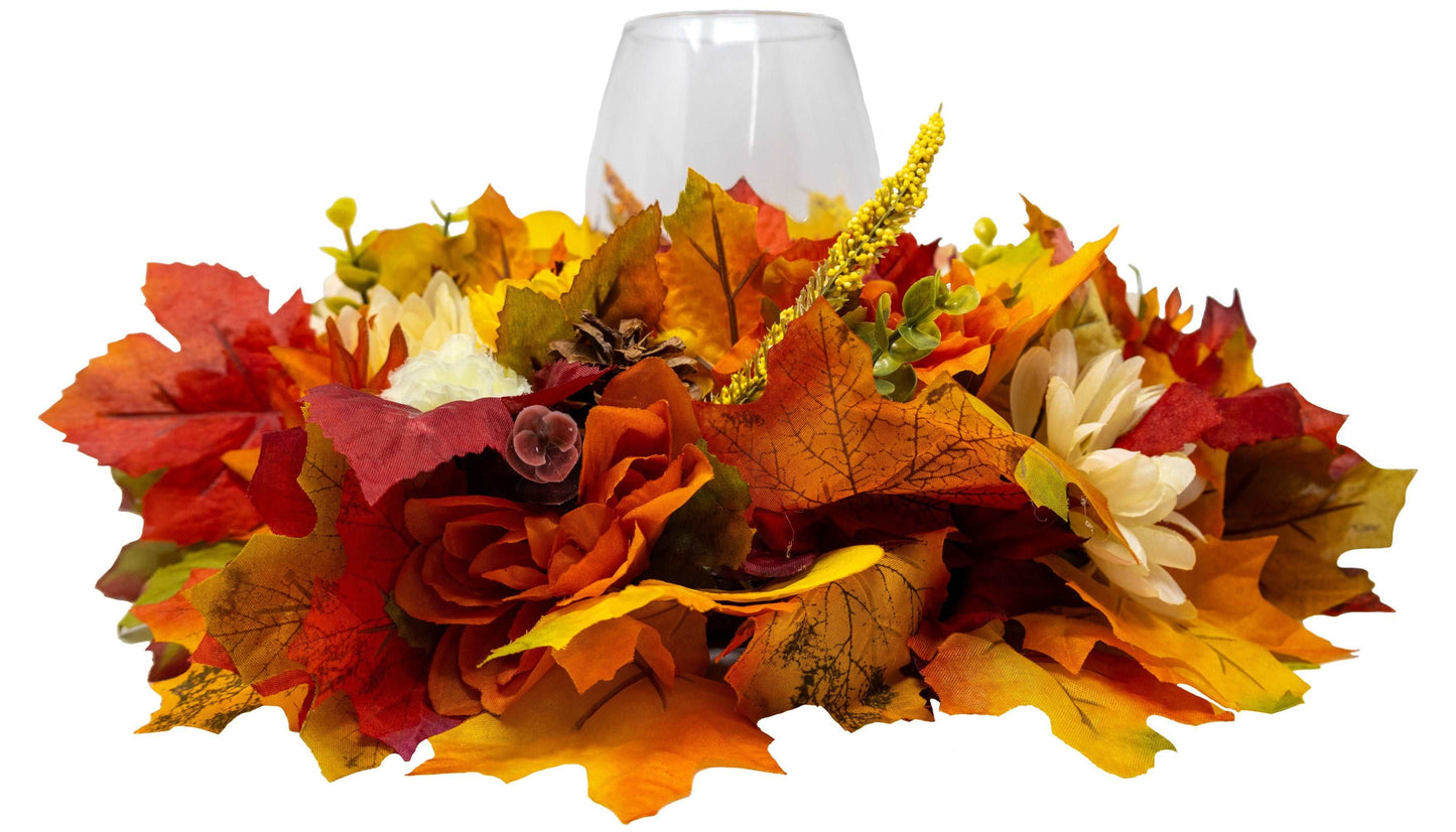 Fall Floral Round Centerpiece Wreath With Hurricane Glass Candle Holder