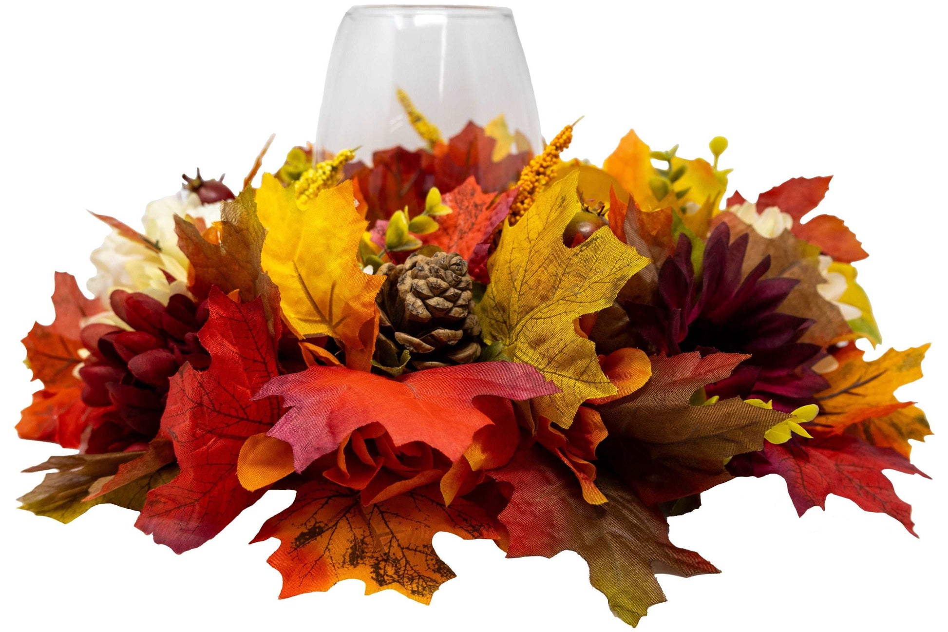 Fall Floral Round Centerpiece Wreath With Hurricane Glass Candle Holder
