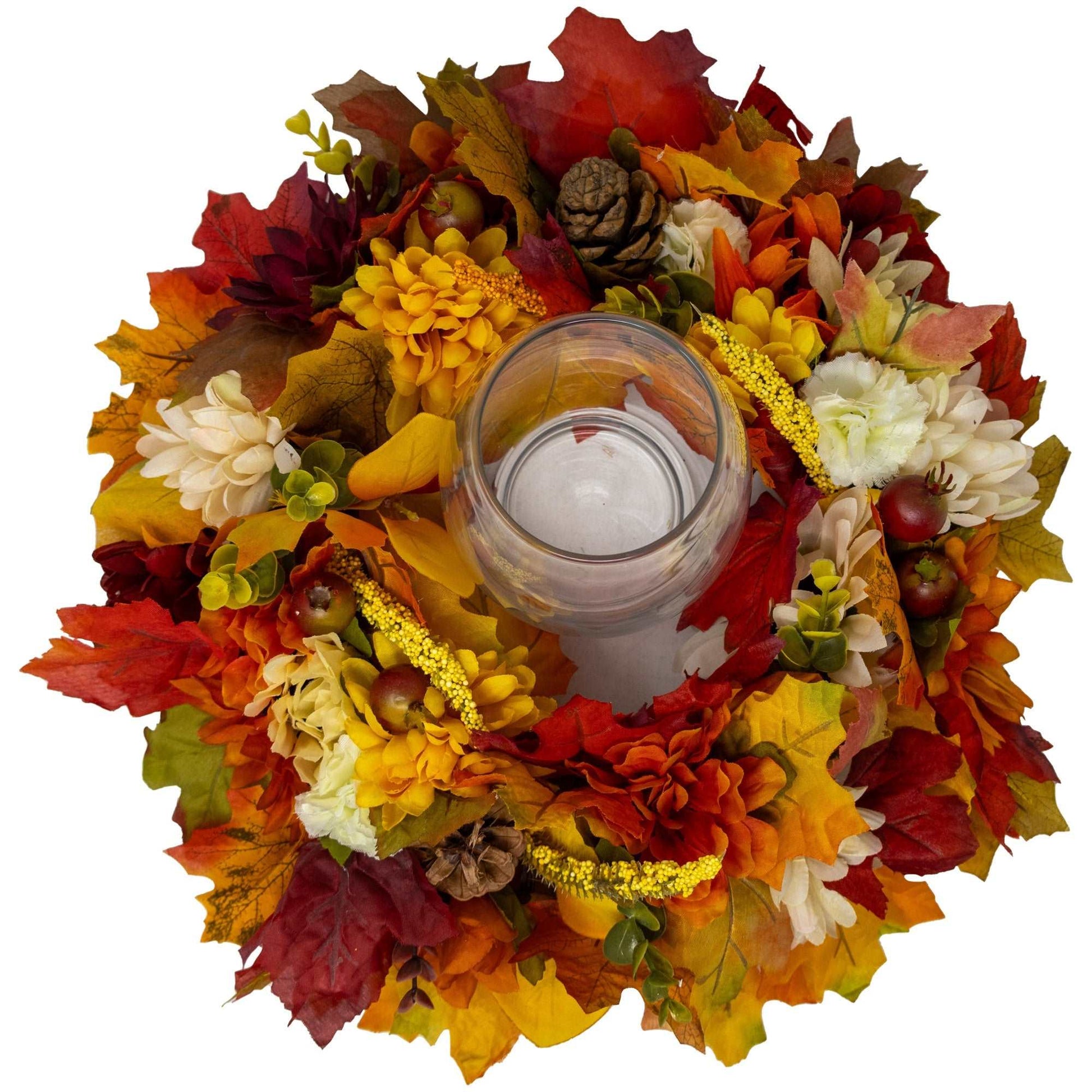 Fall Floral Round Centerpiece Wreath With Hurricane Glass Candle Holder