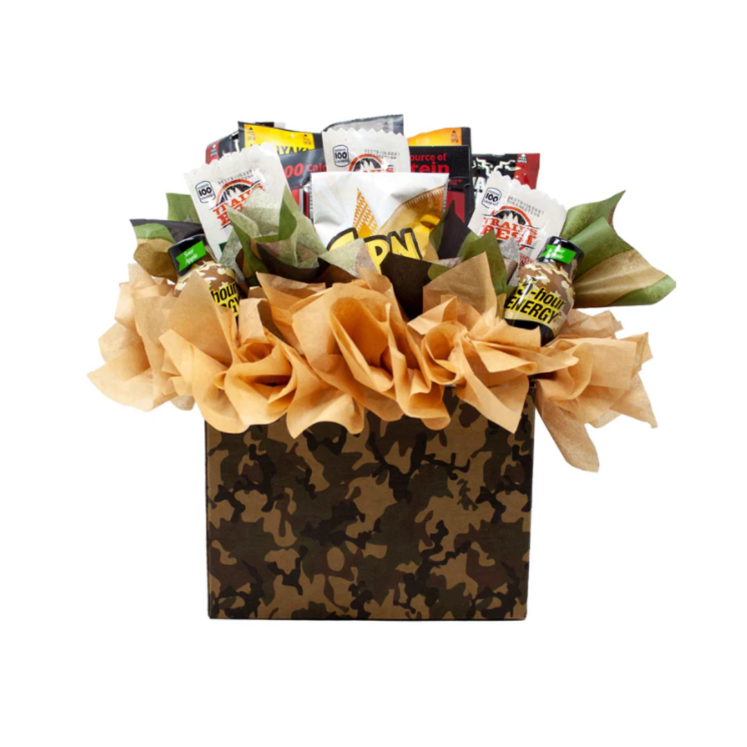 Fun Sportsman Gift with assorted Jerky, Nuts and Energy Shots Arranged in a Camo Gift Box