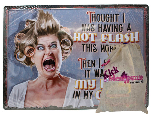 Funny Menopause Gift Set for Women with Survival Kit, Metal Sign and Display Stand
