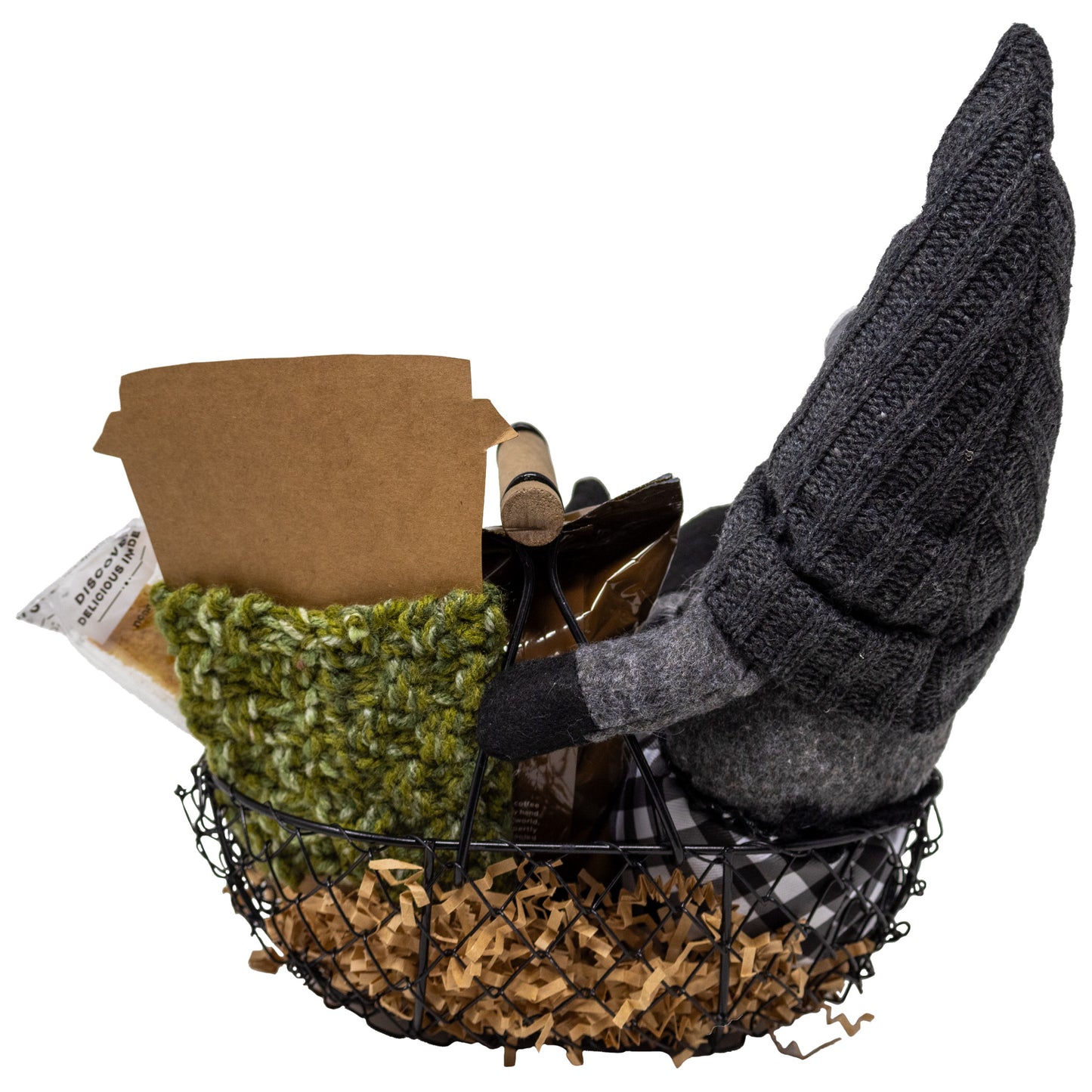 Gnome Kinda Day Coffee Lovers Gift Basket with Hand Knitted Cup Cozy