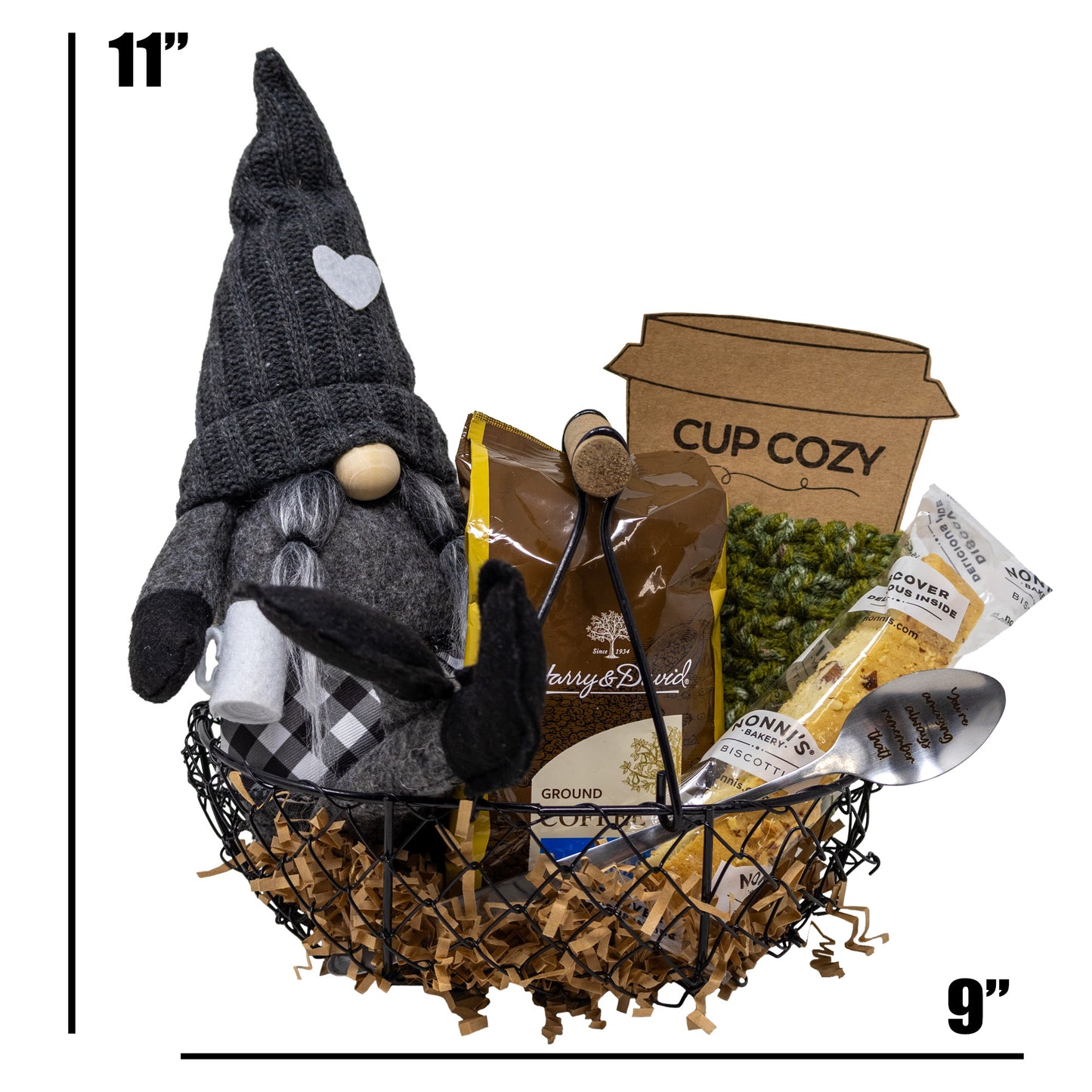 Gnome Kinda Day Coffee Lovers Gift Basket with Hand Knitted Cup Cozy