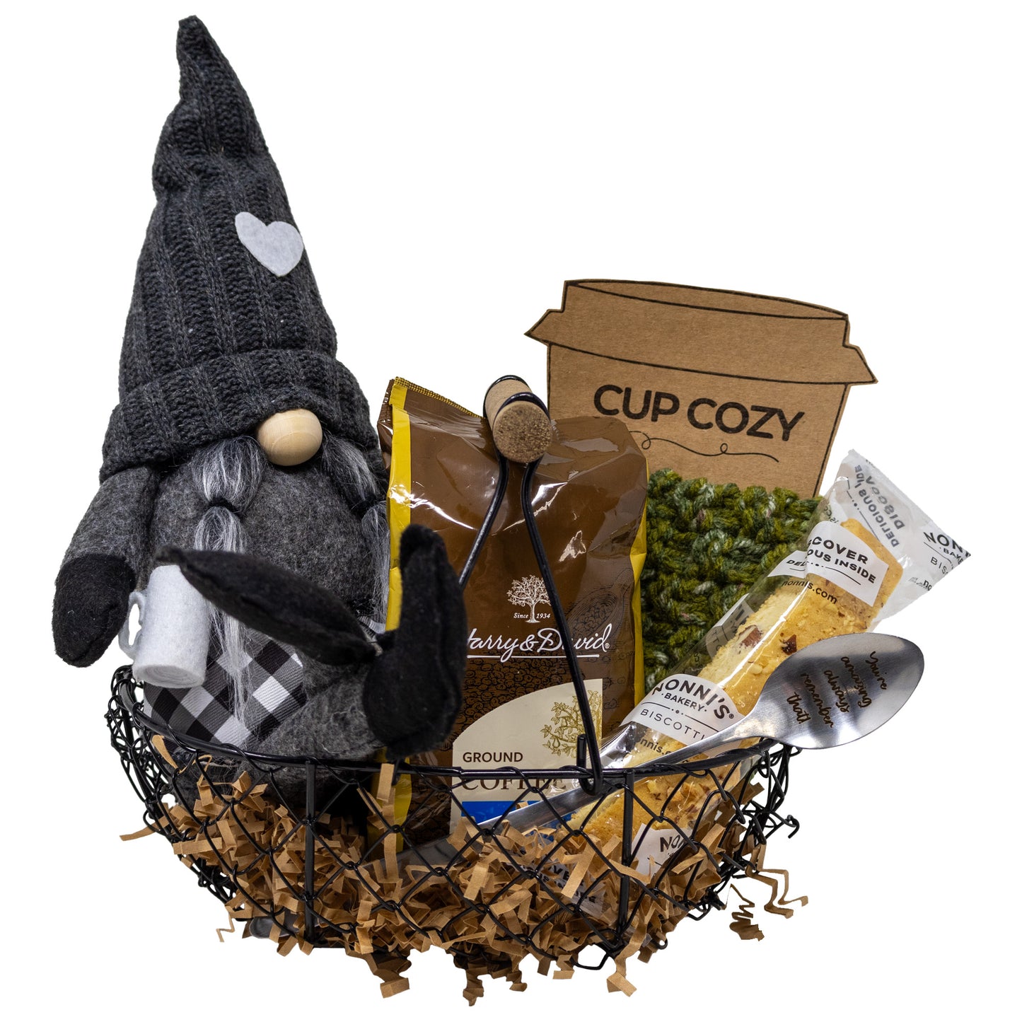 Gnome Kinda Day Coffee Lovers Gift Basket with Hand Knitted Cup Cozy