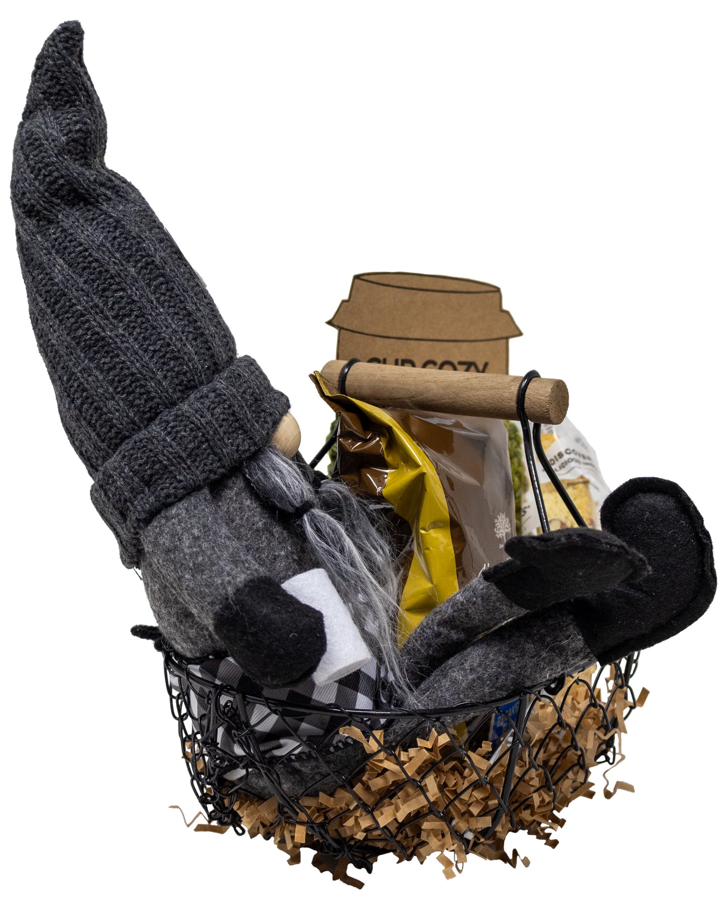 Gnome Kinda Day Coffee Lovers Gift Basket with Hand Knitted Cup Cozy