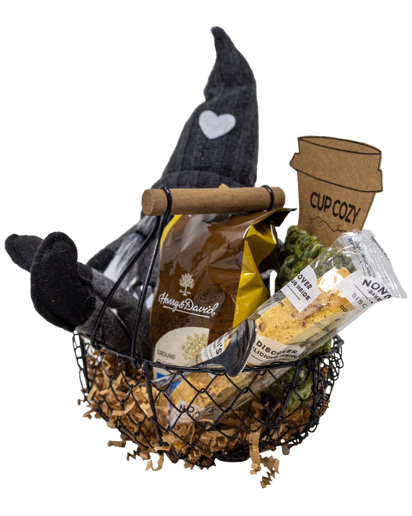 Gnome Kinda Day Coffee Lovers Gift Basket with Hand Knitted Cup Cozy