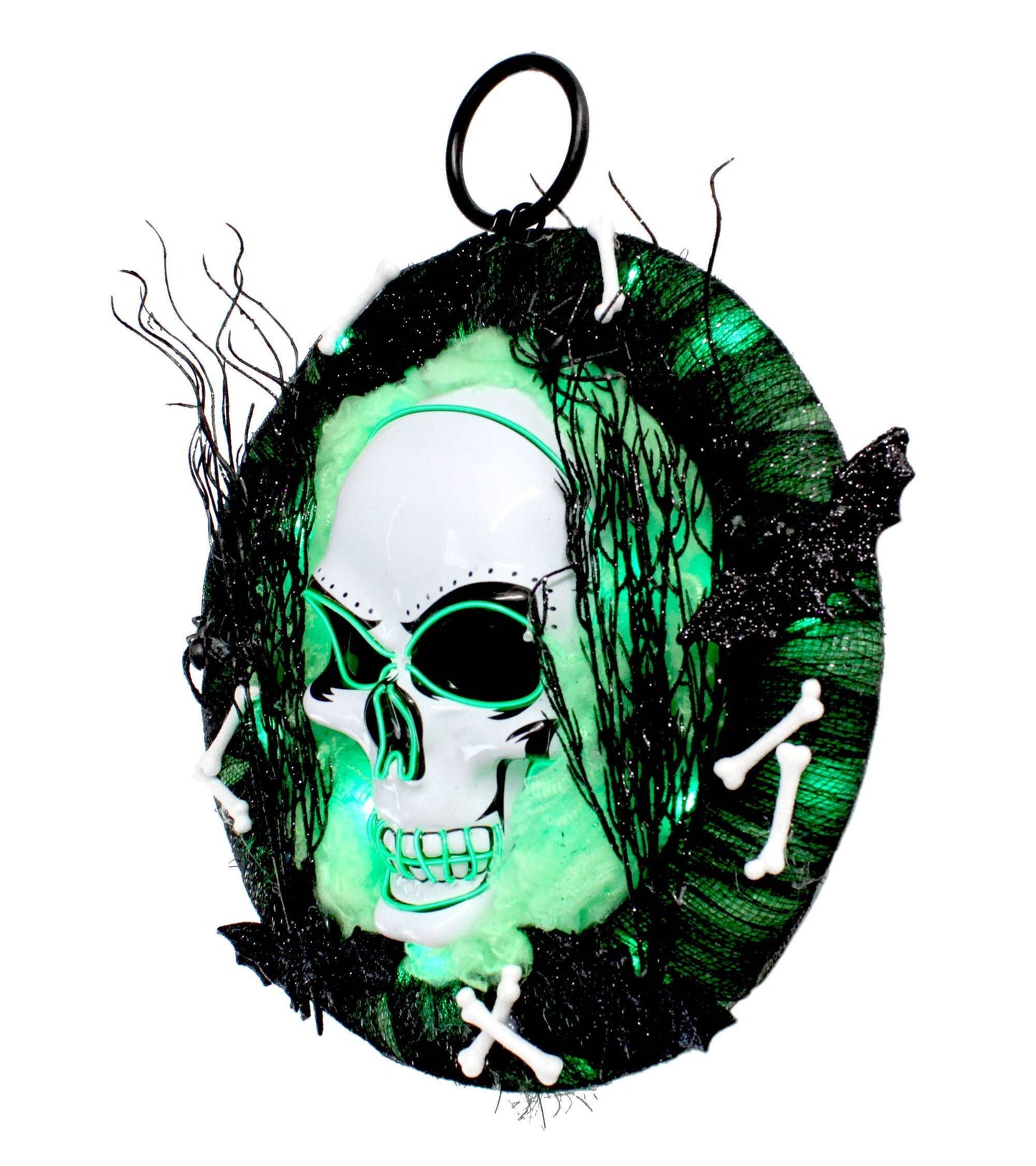 Green and Black LED Light Up Skull Wreath