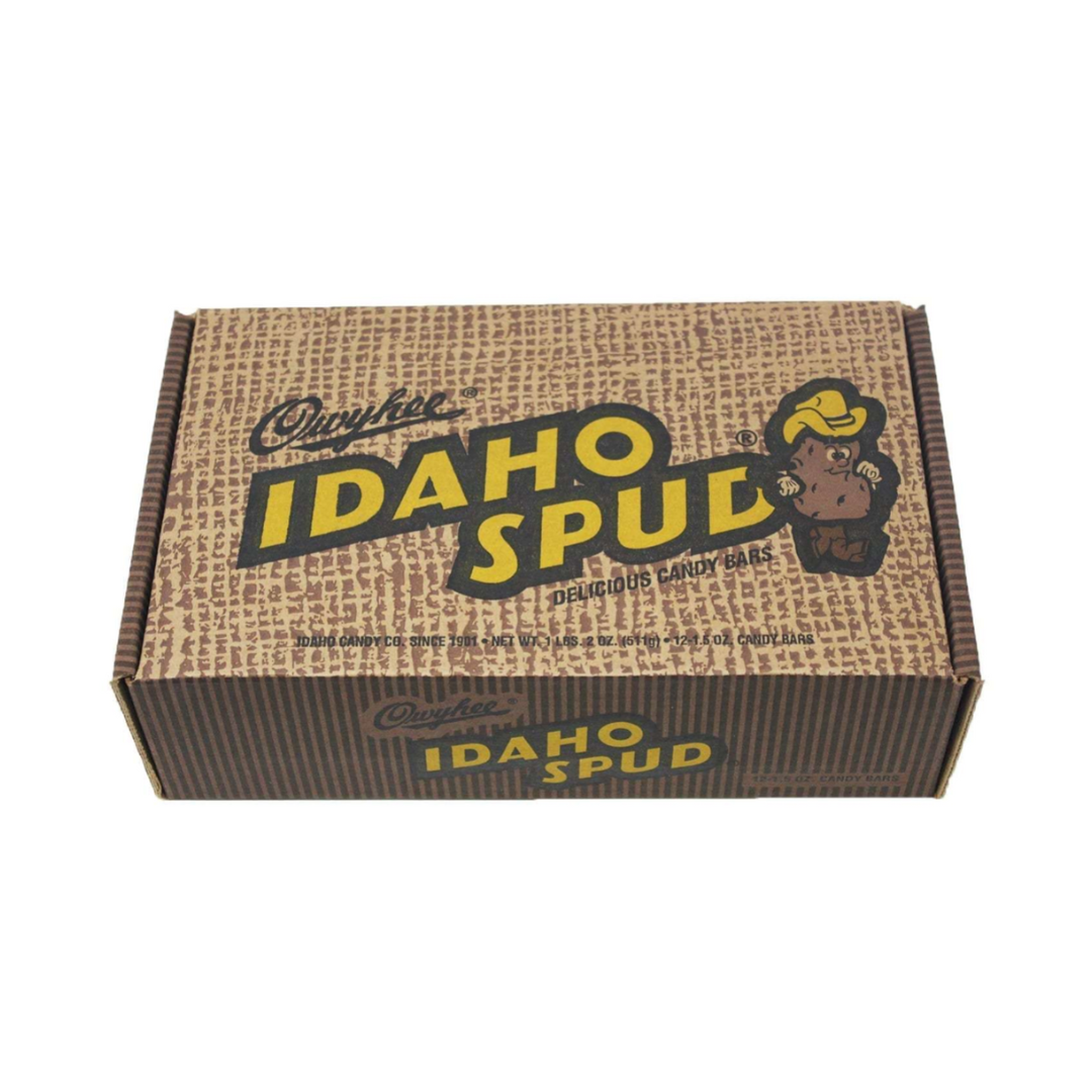 Box of 12 Idaho Spud candy bars with vintage-style packaging