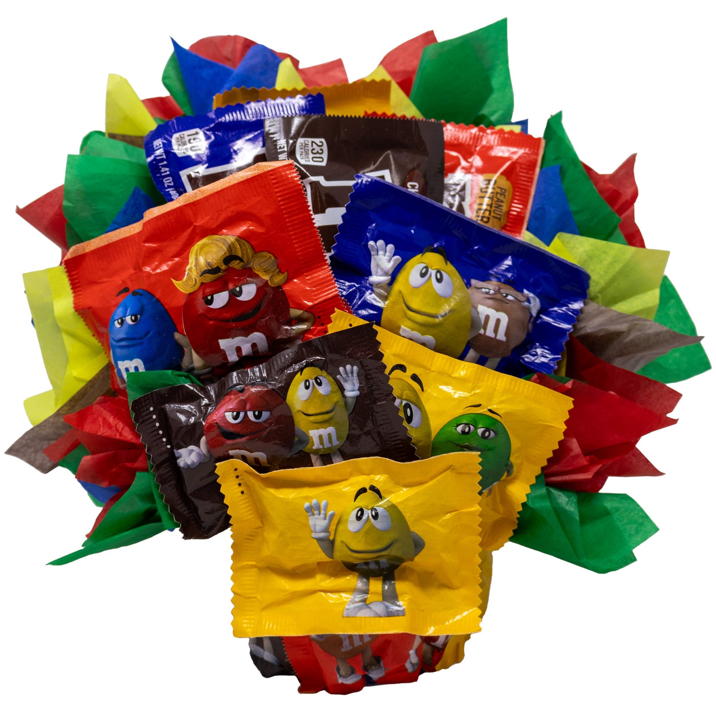 M&M Chocolate Candy Bouquet Gift with Fun Size and Full Size Candy Bars