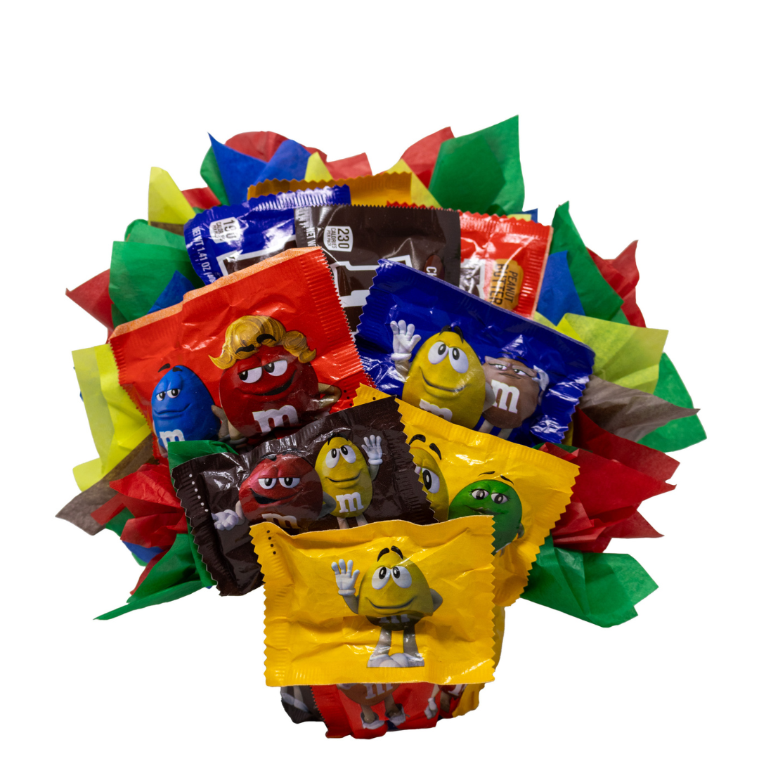 M&M Chocolate Candy Bouquet Gift with Fun Size and Full Size Candy Bars