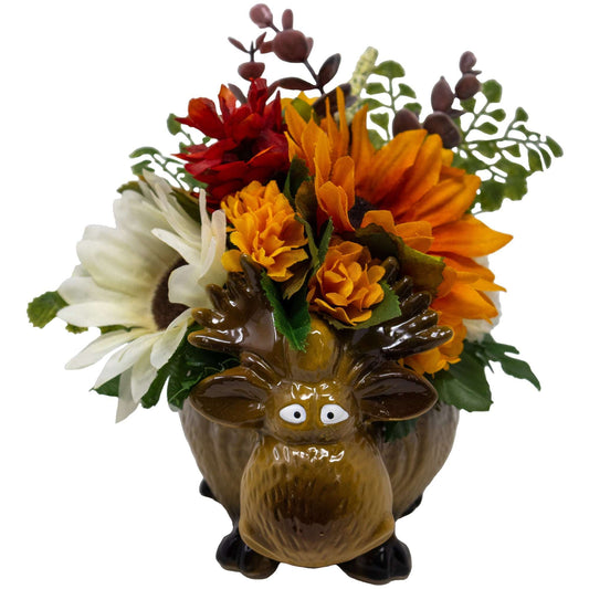 Ceramic Moose Floral Arrangement with Fall Flowers