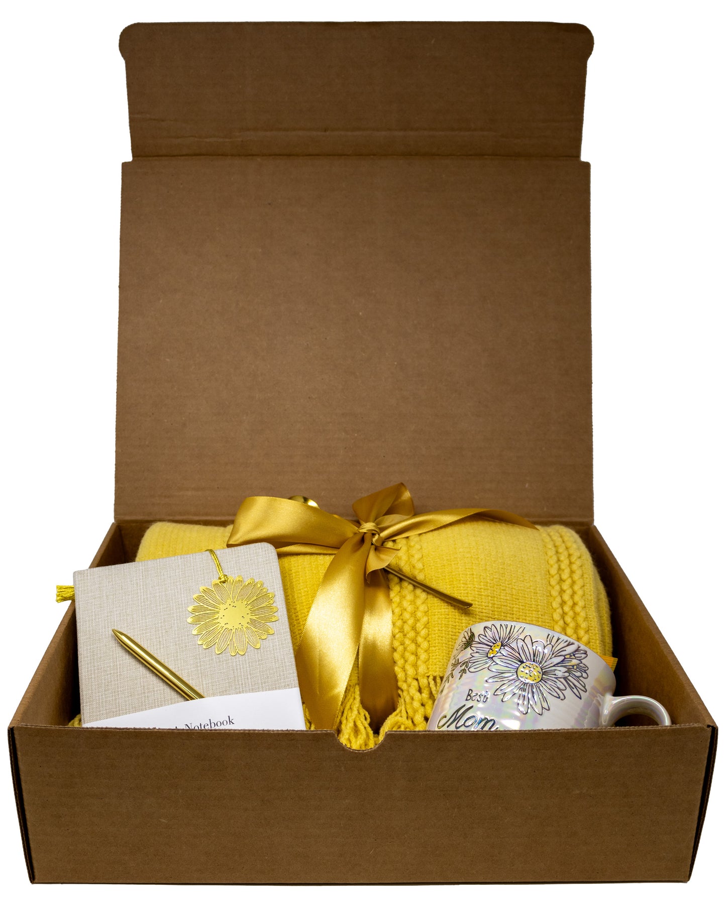 Mother's Day Gift Box With Yellow knitted Blanket , Mug, Tea, Journal and Pen Set