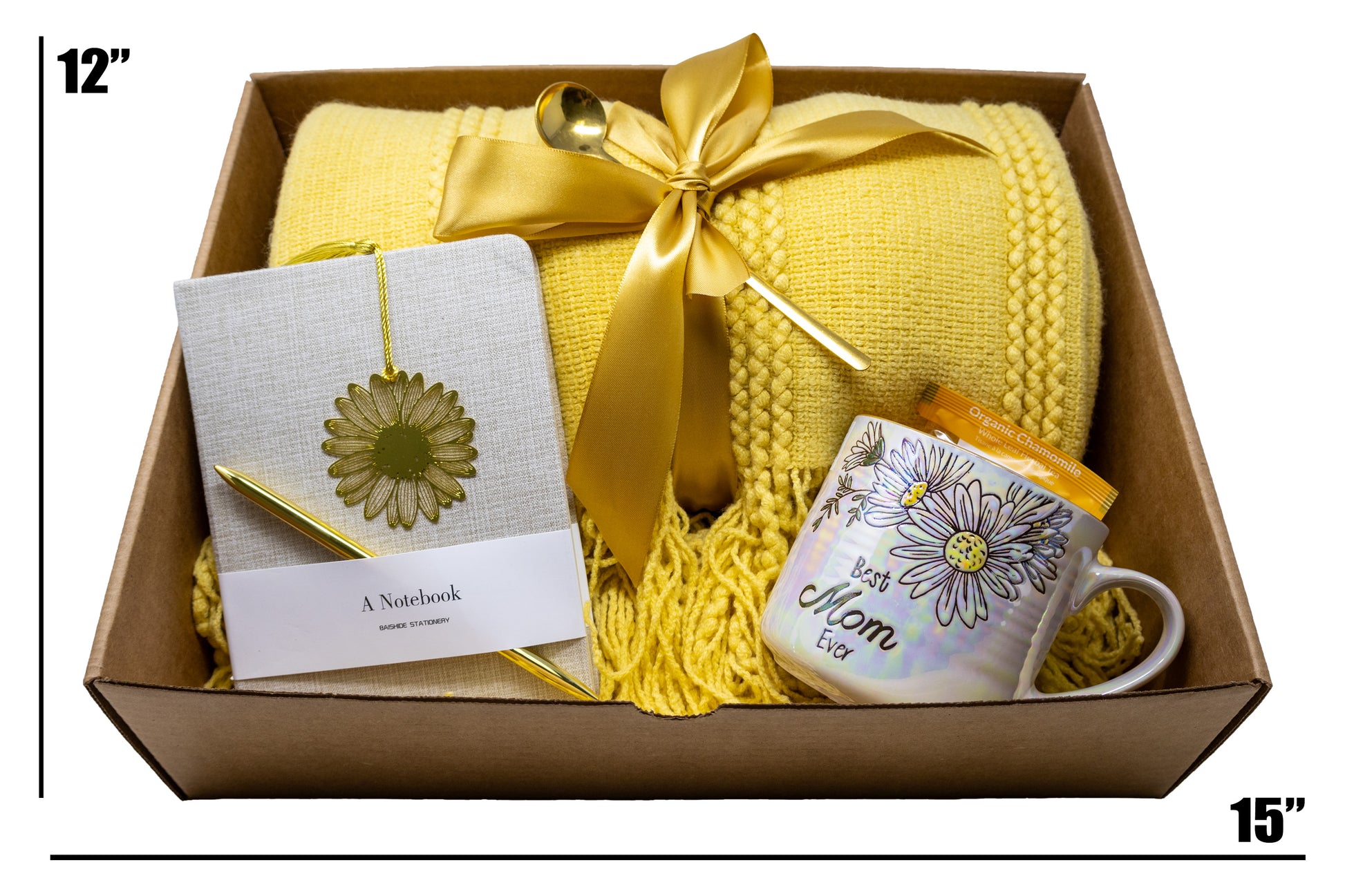 Mother's Day Gift Box With Yellow knitted Blanket , Mug, Tea, Journal and Pen Set