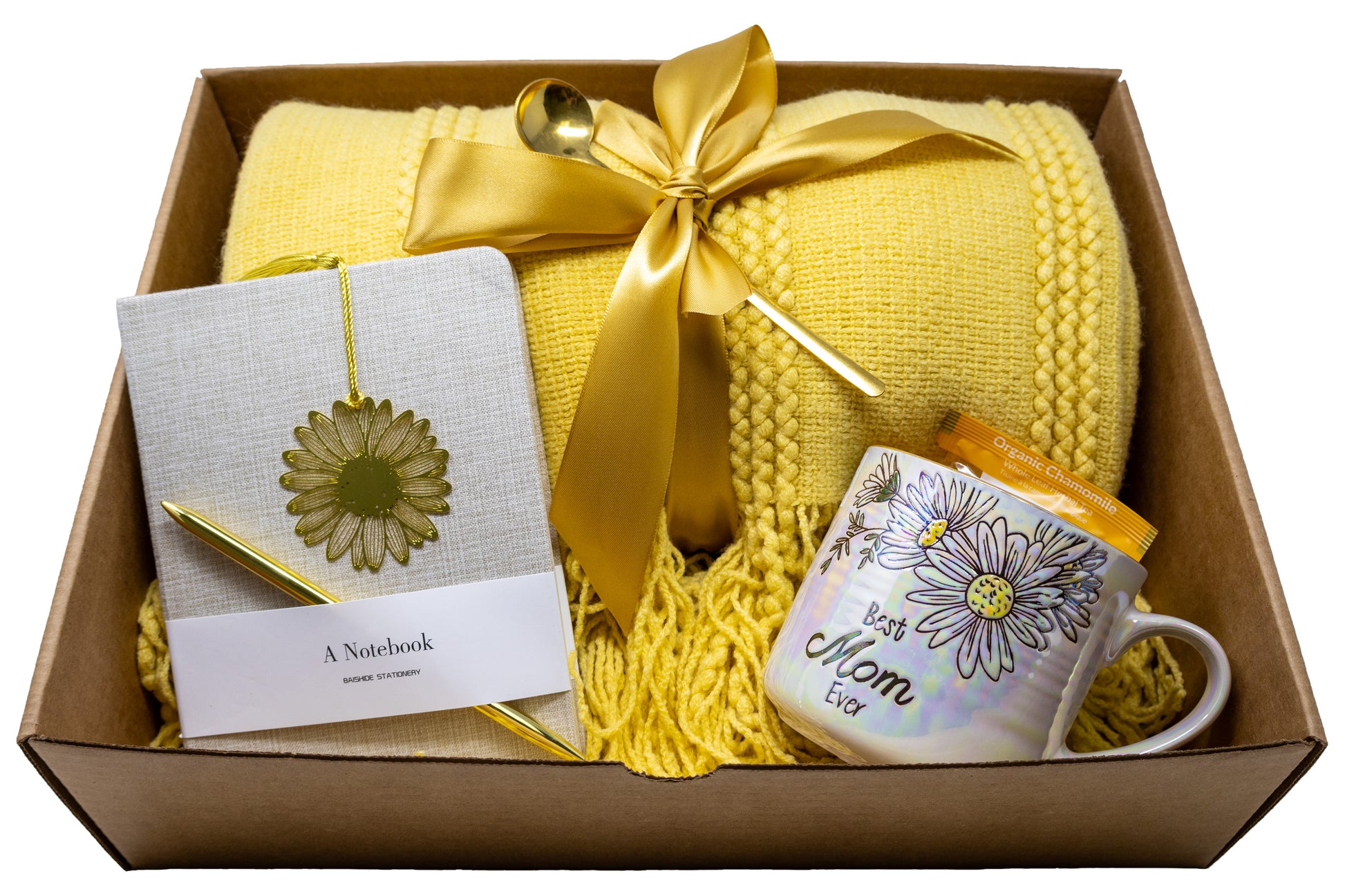 Mother's Day Gift Box With Yellow knitted Blanket , Mug, Tea, Journal and Pen Set