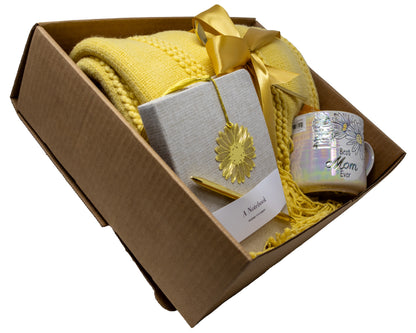 Mother's Day Gift Box With Yellow knitted Blanket , Mug, Tea, Journal and Pen Set