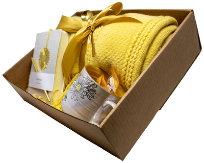 Mother's Day Gift Box With Yellow knitted Blanket , Mug, Tea, Journal and Pen Set