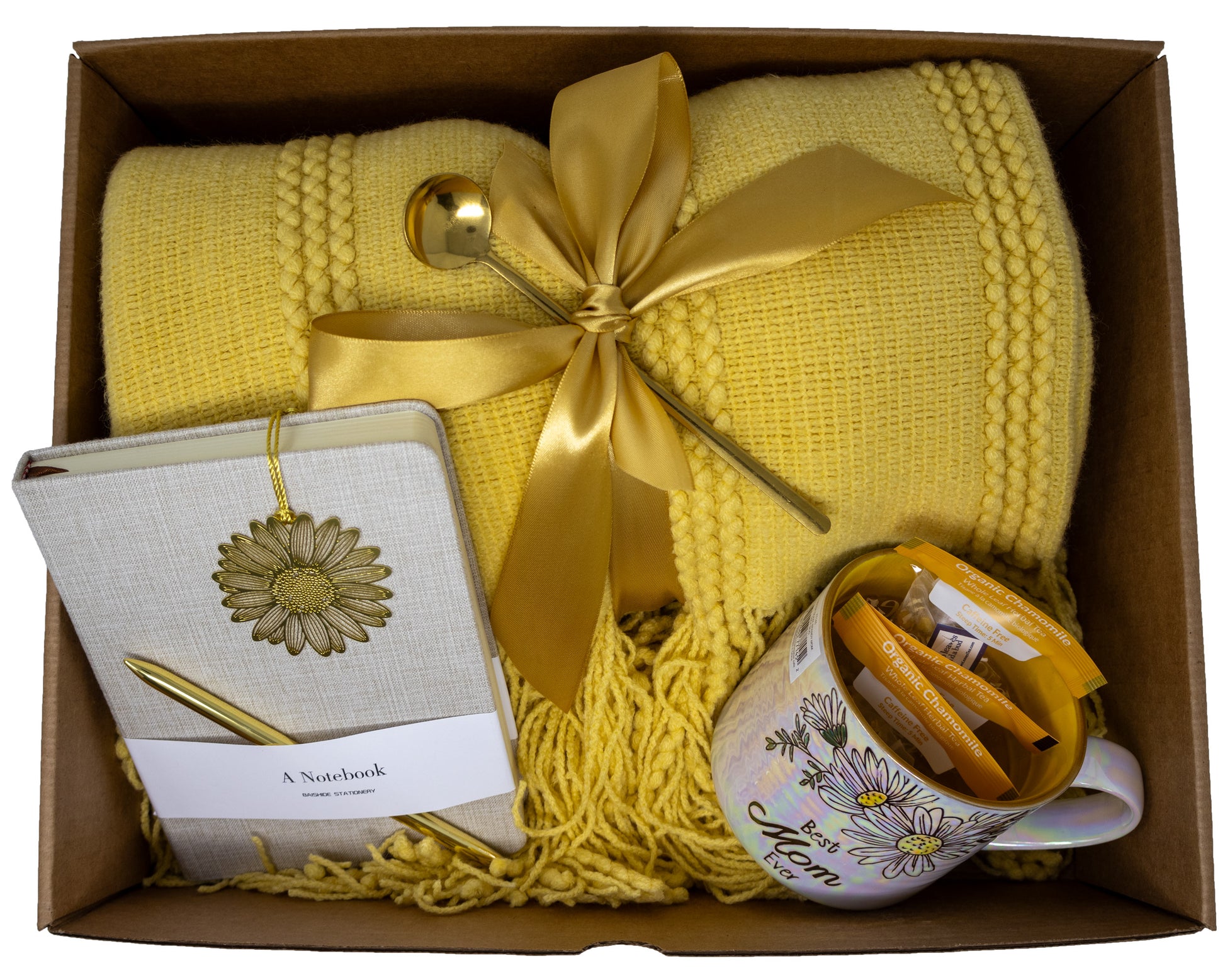 Mother's Day Gift Box With Yellow knitted Blanket , Mug, Tea, Journal and Pen Set