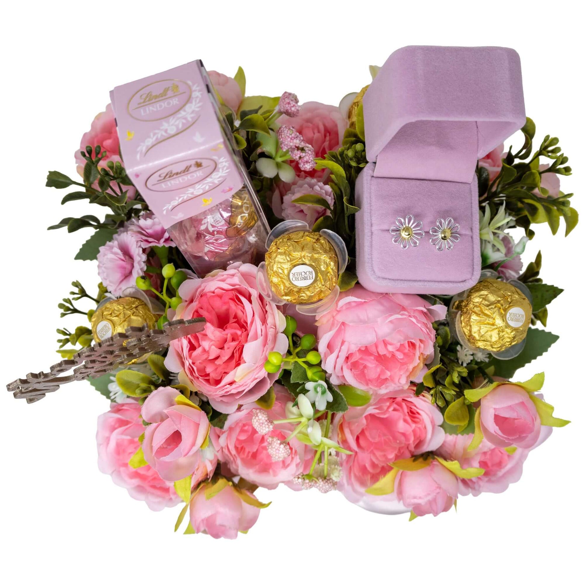 Mother's Day Candy, Flower, and Earring Bouquet