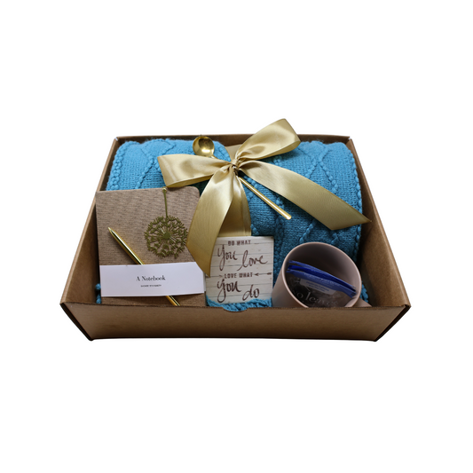 Cozy Blanket & Tea Gift Set Box with Teal and Brown Theme