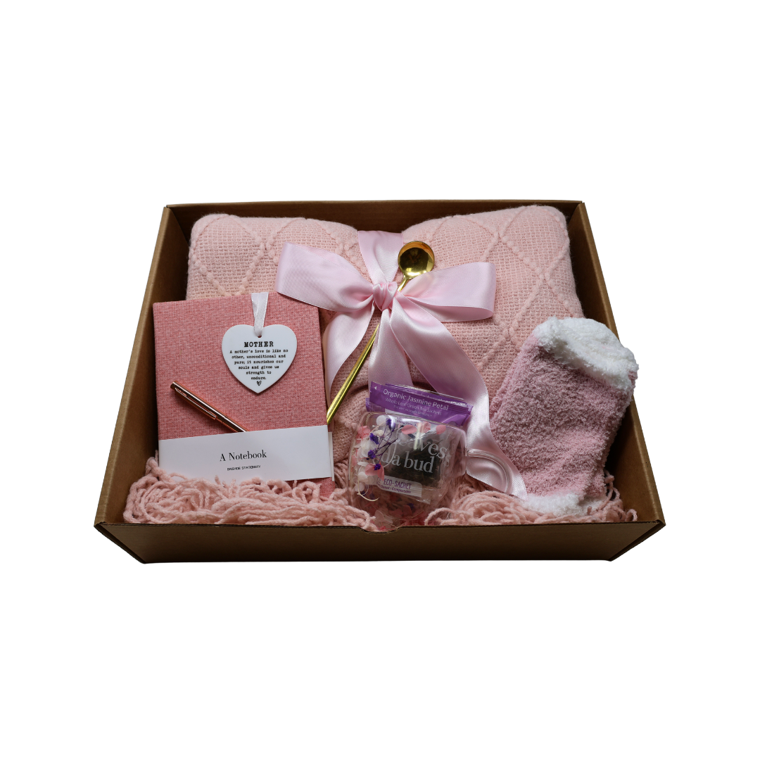 Cozy Blanket & Tea Gift Set Box with Pink Theme