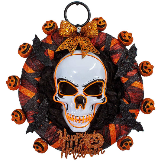 Orange Skull and Pumpkins Halloween LED Light Up Wreath