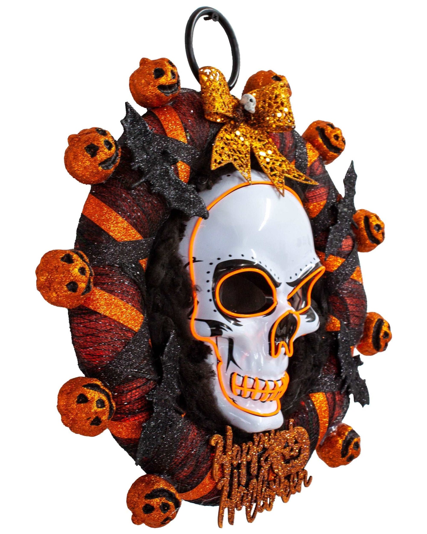 Orange Skull and Pumpkins Halloween LED Light Up Wreath