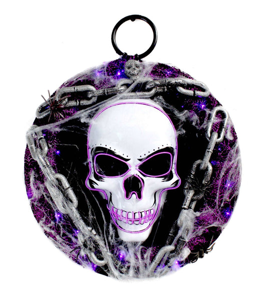Purple and Black LED Lighted Skull Wreath