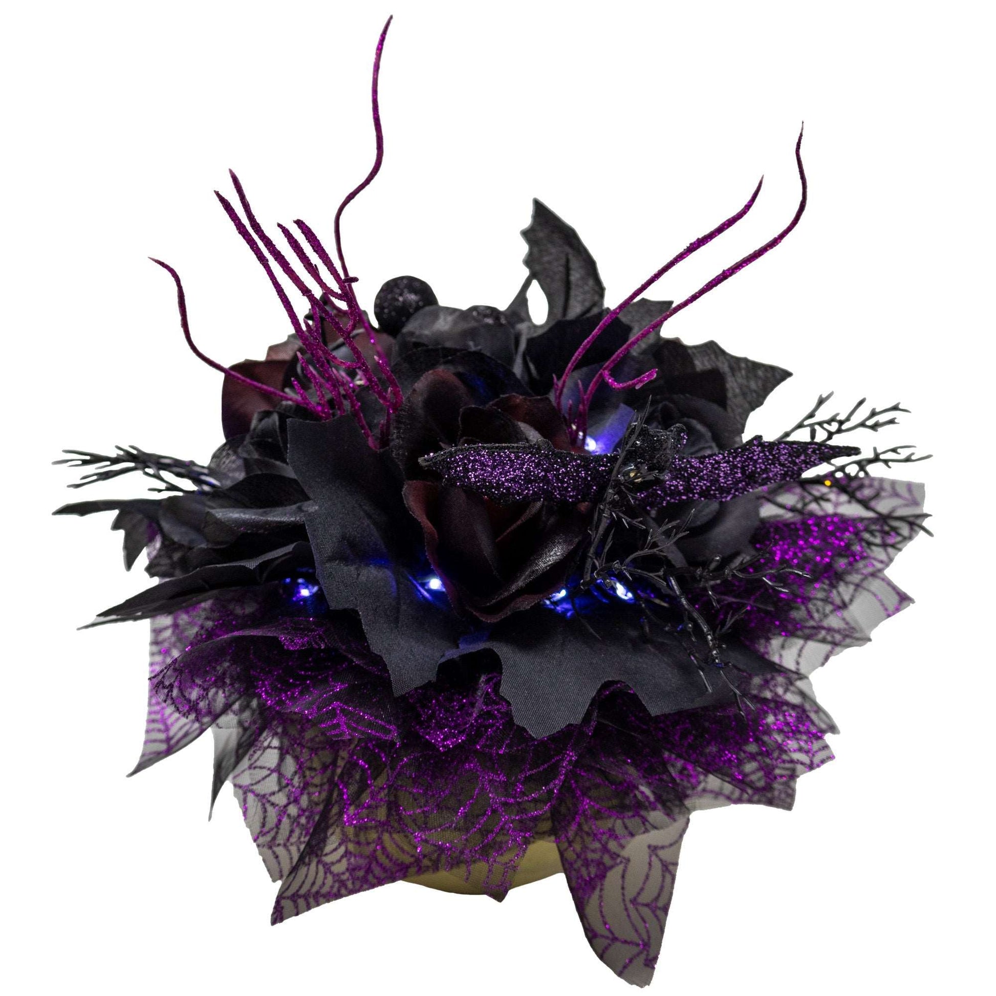 Boo-tiful Black and Purple Halloween Skull Bouquet With Fairy Lights