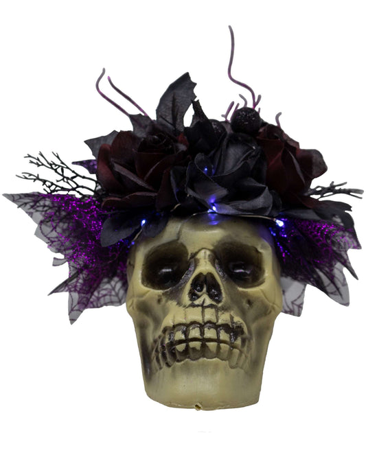 Boo-tiful Black and Purple Halloween Skull Bouquet With Fairy Lights