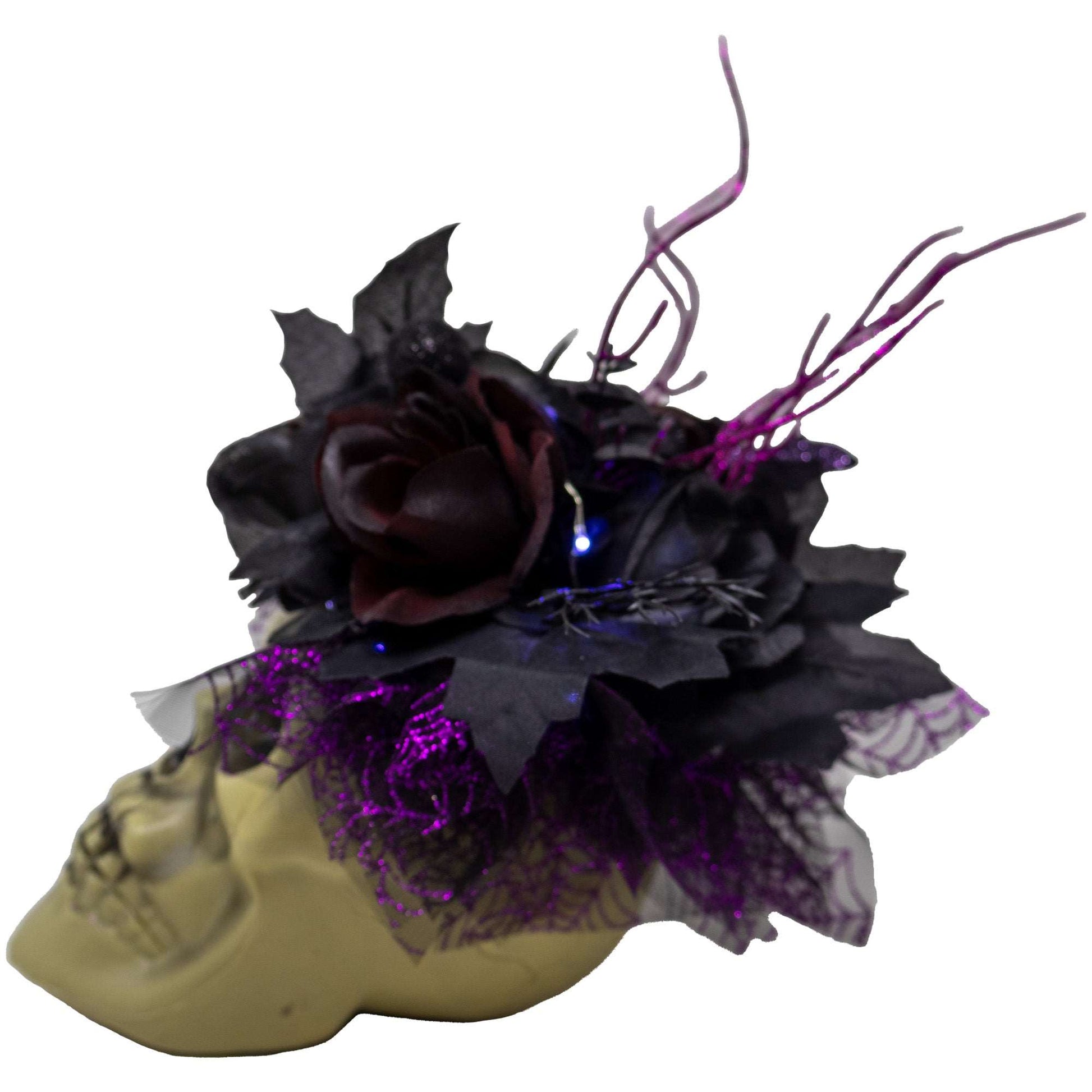 Boo-tiful Black and Purple Halloween Skull Bouquet With Fairy Lights